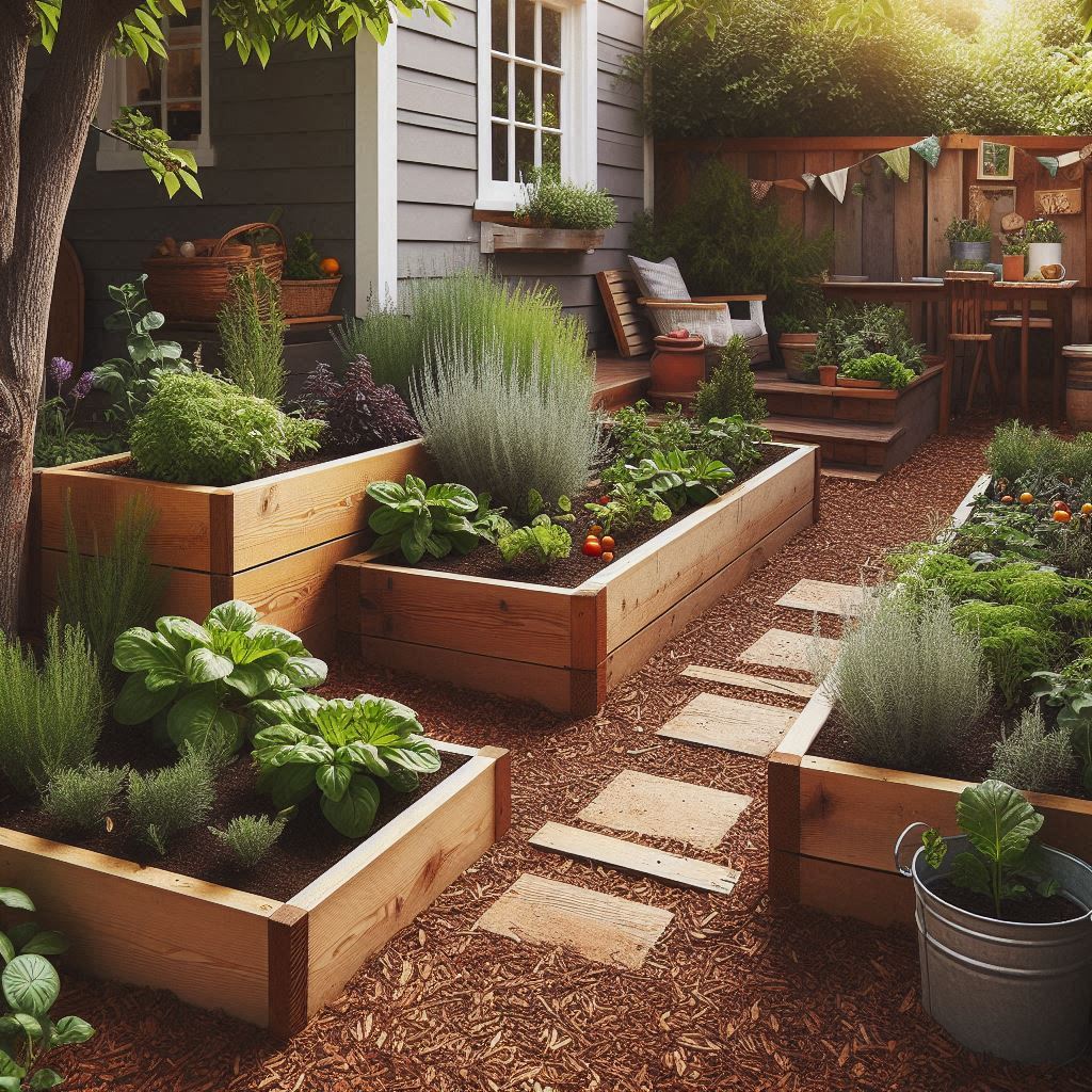 A cozy backyard corner with simple wooden raised garden beds, filled with herbs and vegetables, bordered by mulch, with a small path of wood chips in between β rustic, homestead style with a practical and budget-friendly look