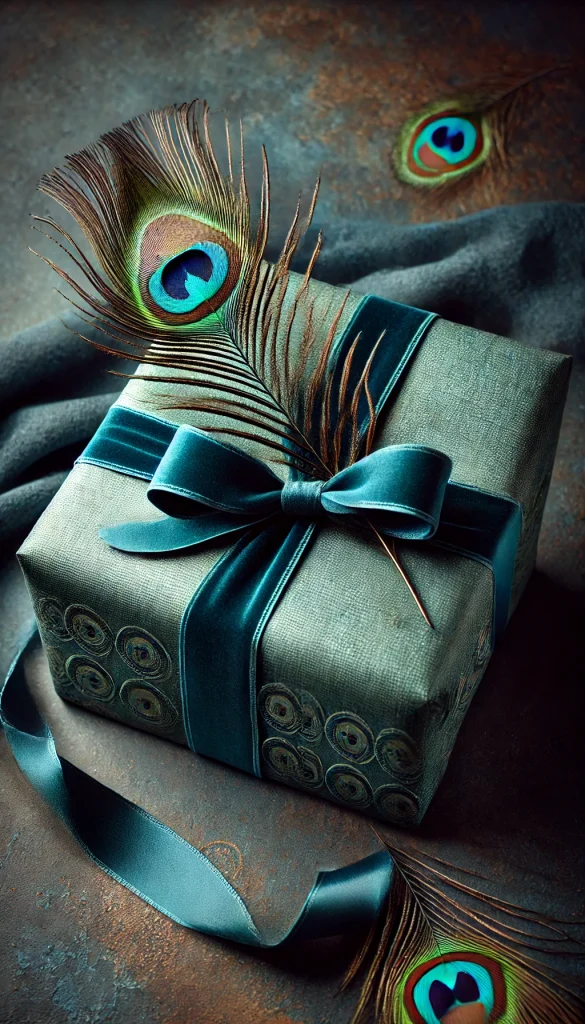 A vertical image showcasing an elegant gift wrapping style with a peacock theme. The gift is a large, round box wrapped in deep teal paper that has a subtle shimmer, reminiscent of a peacock's feathers. It's tied with a rich blue velvet ribbon and adorned with a real peacock feather placed artistically on top. The background is a dark, textured fabric, enhancing the luxurious and exotic feel of the wrapping. This style is perfect for special occasions that call for a unique and opulent presentation.