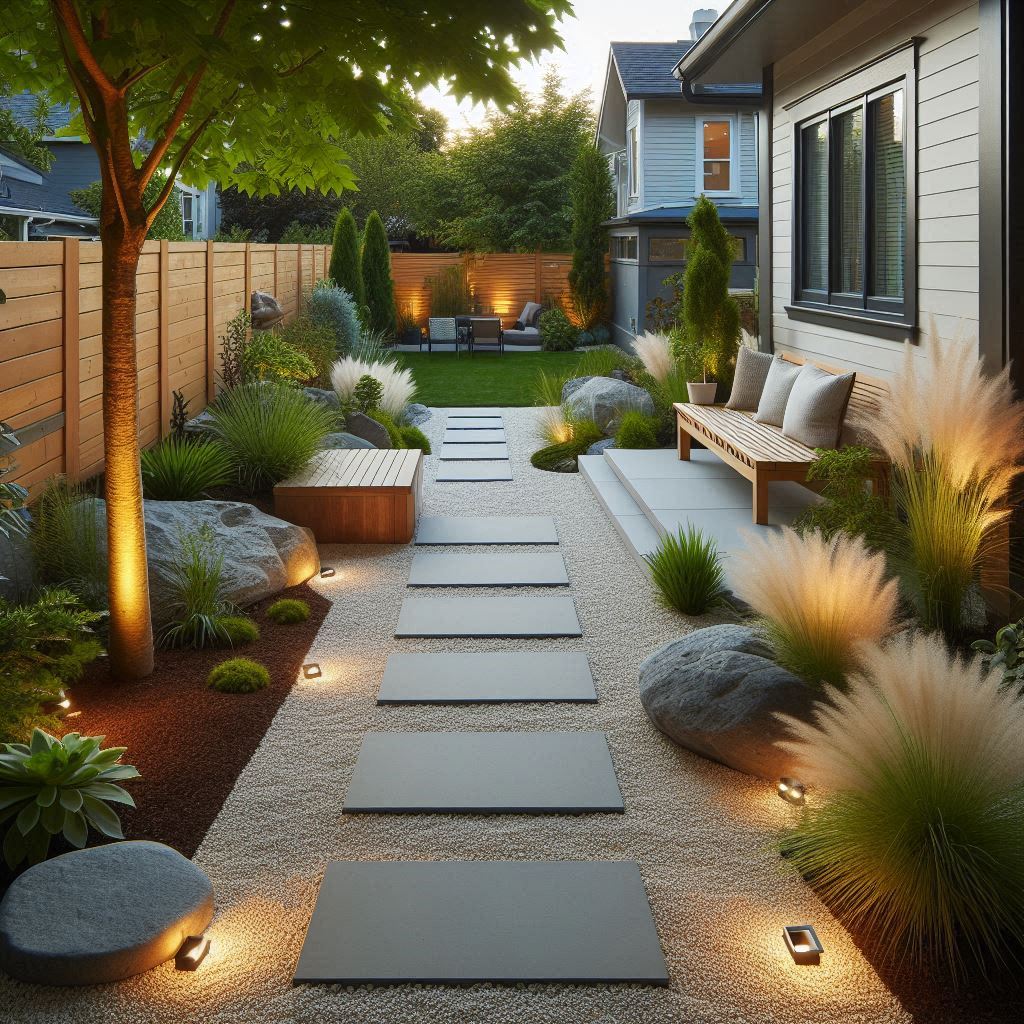 A small backyard with a clean, minimalist layout, featuring large flat stepping stones surrounded by pea gravel, low-maintenance plants like succulents and ornamental grasses, a small wooden bench under a tree, and solar path lights β soft evening lighting, modern suburban vibe