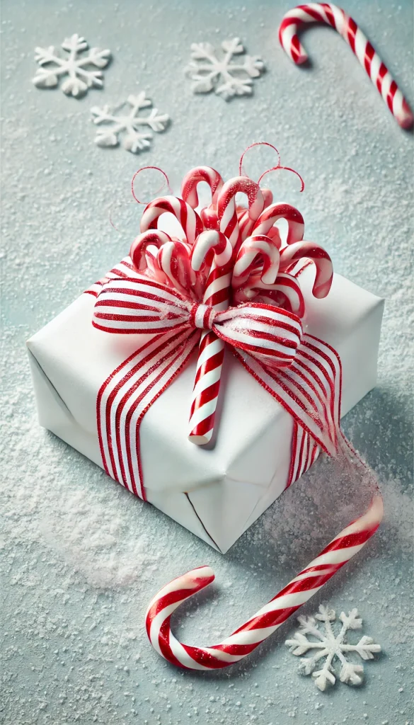 A vertical image depicting a festive gift wrapping idea with a candy cane theme. The gift is a rectangular box wrapped in white paper striped with red, mimicking a candy cane pattern. It's tied with a red and white striped ribbon and topped with a cluster of small, realistic candy canes. The background is a soft snowy texture, adding to the holiday spirit. This playful and festive style is perfect for Christmas gifts or winter holiday celebrations.