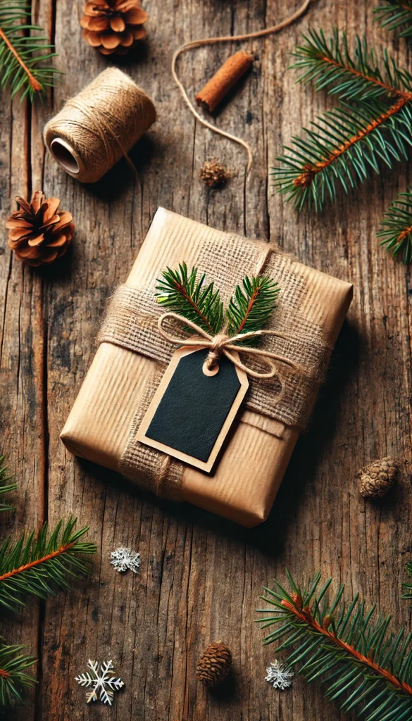 A vertical image illustrating a rustic and eco-friendly gift wrapping idea. The gift is a small wooden box wrapped in recycled brown paper, secured with twine. Attached to the twine is a small chalkboard tag where a personal message can be written. The background features a rough wooden table with a scattering of pine needles and small pine cones, emphasizing a natural and simple aesthetic. This style is perfect for environmentally conscious gifts or handmade items.