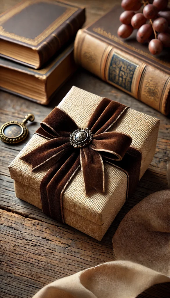 A vertical image showcasing a vintage-inspired gift wrapping style. The gift is an oval-shaped box wrapped in textured beige paper, tied with a dark brown velvet ribbon. It's embellished with a small antique brooch pinned to the ribbon, adding a touch of old-world charm. The background features a wooden table with a few aged books stacked beside the gift, enhancing the nostalgic and elegant atmosphere. This style is perfect for gifts that convey a sense of timelessness and sophistication.
