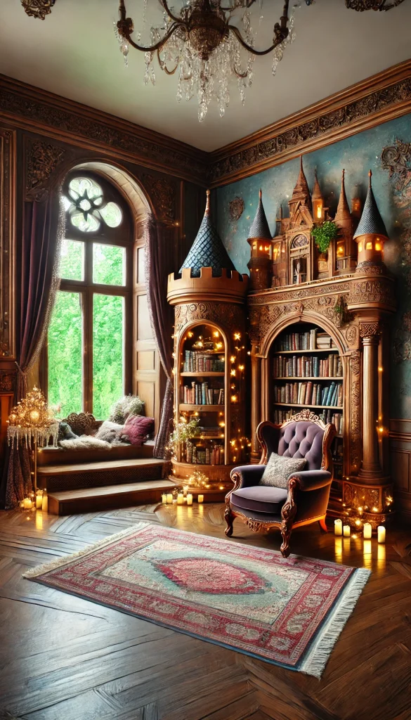 A magical fairy-tale inspired book nook, featuring an ornate wooden bookshelf shaped like a castle tower. The nook is adorned with soft, glowing fairy lights, and a velvet armchair sits next to a grand window that opens to a whimsical garden. The room is decorated with intricate tapestries, a magical chandelier, and plush rugs, creating an enchanting space for reading.