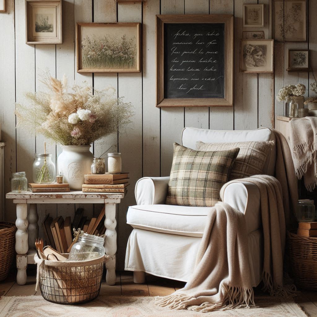 A cozy farmhouse reading nook with a white slipcovered chair, plaid throw pillows, a distressed wood side table, mason jars with wildflowers, a chalkboard with a quote, and vintage wire baskets filled with books. Neutral tones, lots of textures, and a soft, country feel.