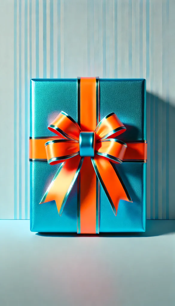 A vertical image featuring a vibrant gift wrapping style. The gift is a medium-sized box wrapped in electric blue paper with a high-gloss finish. It's tied with a neon orange ribbon that contrasts sharply against the blue, and topped with a large bow. The background is simple, with a subtle pattern of light blue and white stripes, giving the image a bright and energetic feel. This style is ideal for fun celebrations or surprise gifts.