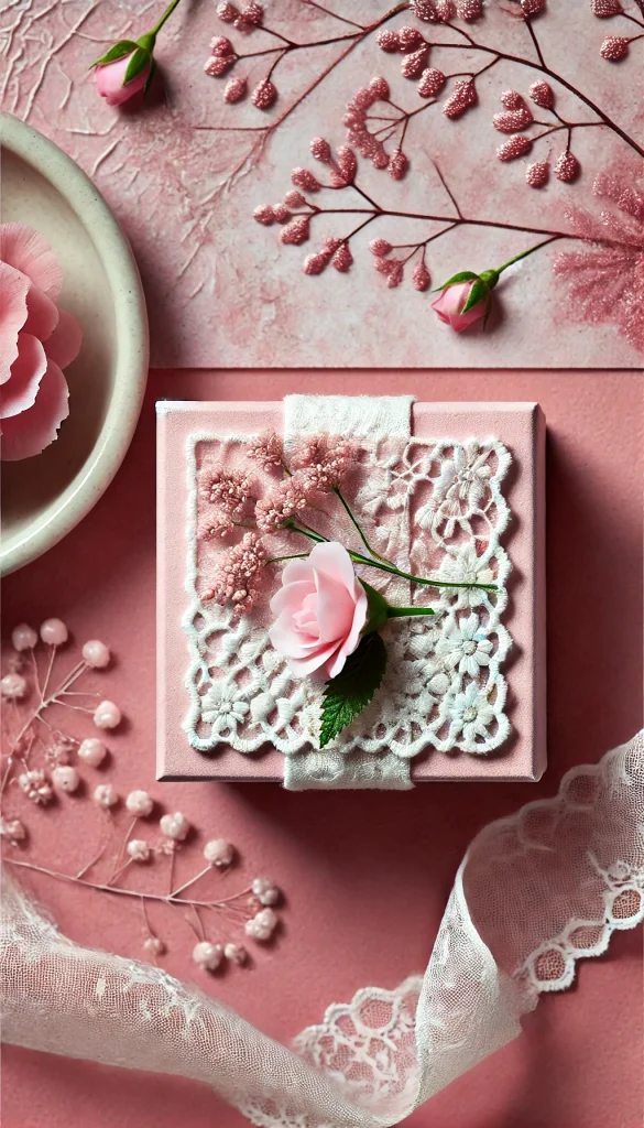 A vertical image depicting an artistic gift wrapping style with a floral theme. The gift is a small, delicate box wrapped in soft pink paper, adorned with a network of fine white lace. Over the lace, a fresh pink rosebud is affixed, adding a touch of natural beauty. The background is a subtle shade of pastel pink with light textures, enhancing the romantic and delicate aesthetic. This wrapping style is perfect for occasions like Mother's Day or a bridal shower.