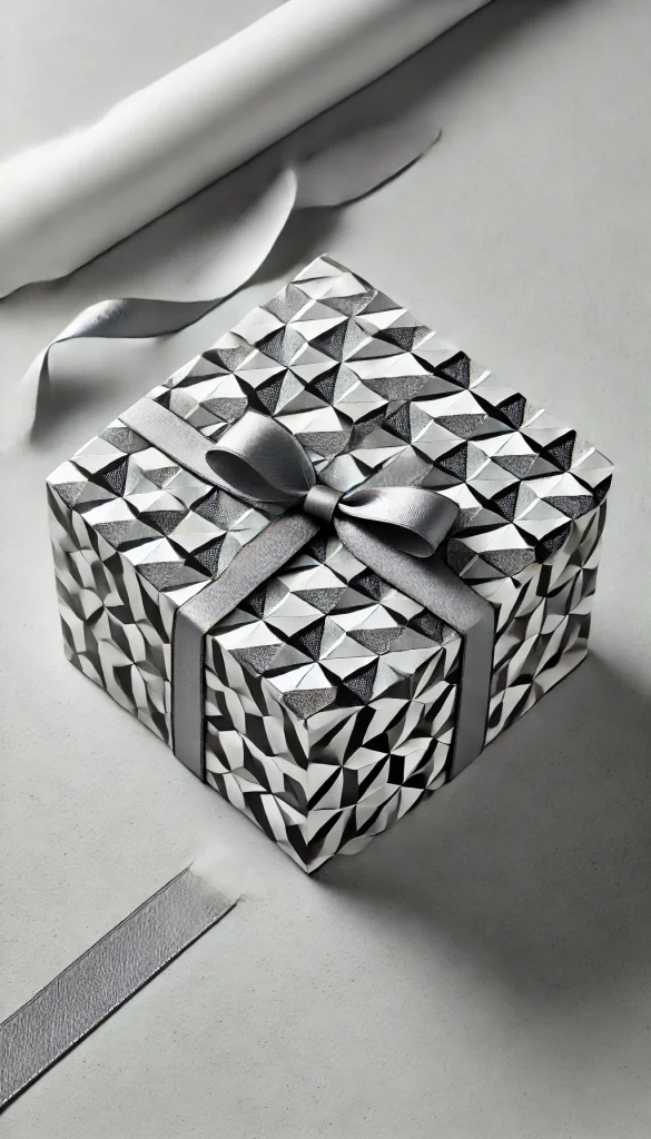 A vertical image featuring an innovative gift wrapping idea with a geometric pattern theme. The gift is a hexagon-shaped box wrapped in paper featuring a complex pattern of black and white triangles. It's secured with a sleek silver ribbon that complements the modern design. The background is minimal, focusing on the sharp, clean lines of the gift, making it ideal for a trendy, contemporary gift presentation.