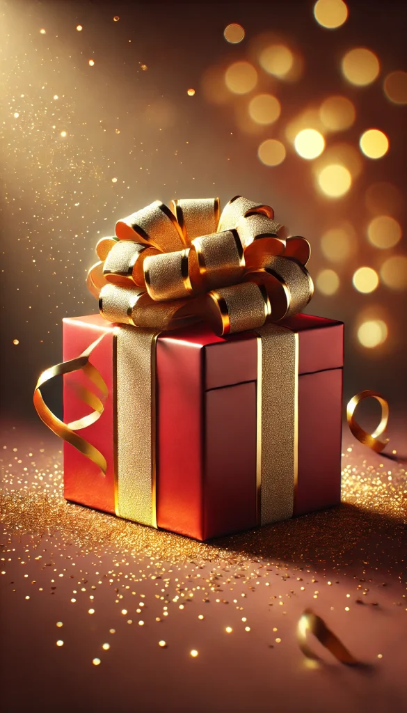 A vertical image illustrating a luxurious gift wrapping idea. The gift is a large, square-shaped box wrapped in glossy red paper and tied with a thick golden ribbon. The ribbon is expertly tied in an elaborate double bow on top. The background features soft, warm lighting and scattered golden glitter, enhancing the festive and luxurious feel. This style is perfect for high-end gifts or special celebrations like anniversaries or milestone birthdays.