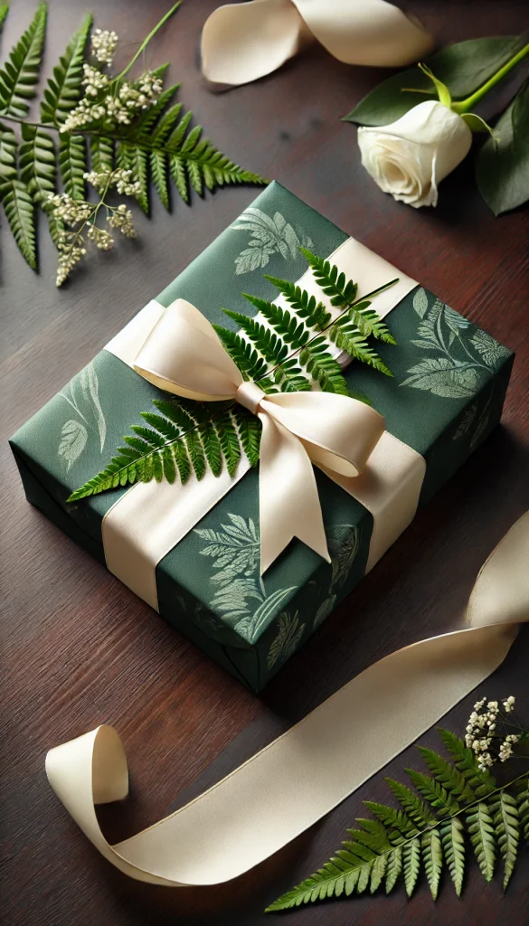 A vertical image showcasing a sophisticated gift wrapping style with a botanical theme. The gift is a rectangular box wrapped in deep green paper with a subtle leaf pattern. It's adorned with a wide ivory satin ribbon and topped with a live fern frond, giving it a natural and elegant look. The setting includes a polished dark wood surface with a scattering of small white flowers around the gift, creating an inviting and stylish atmosphere.