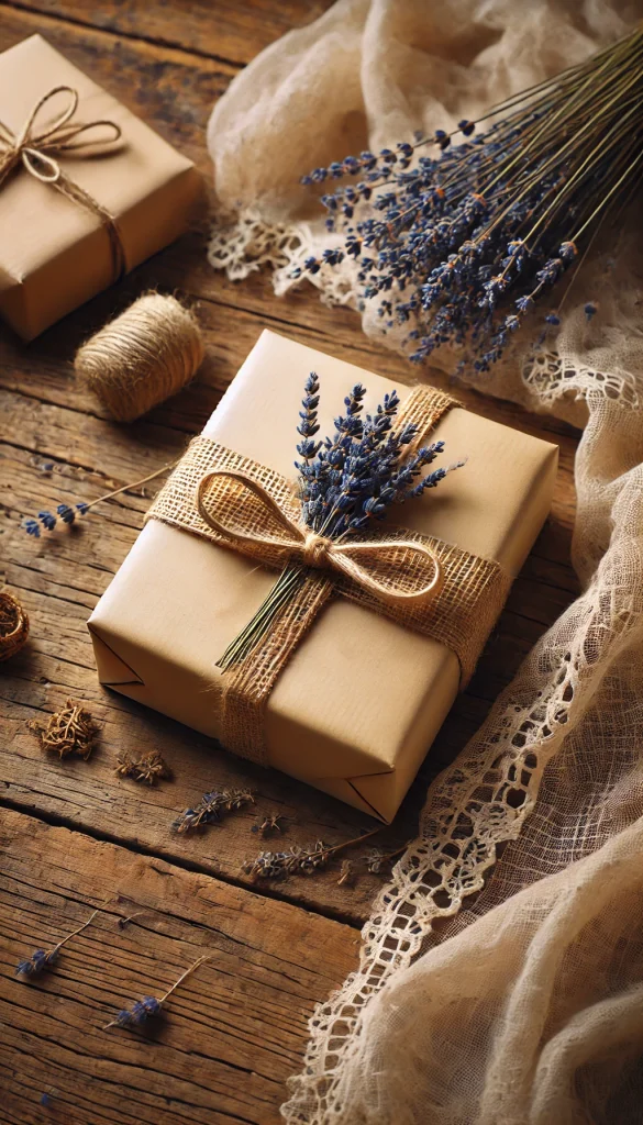 A vertical image featuring a rustic gift wrapping idea. The gift is a rectangle-shaped box wrapped in natural brown paper, tied with a burlap ribbon and decorated with a sprig of dried lavender. The background is a wooden table with scattered dried flowers and a vintage lace fabric underneath, creating a warm, countryside aesthetic. This style is perfect for eco-friendly or handmade gifts, adding a personal and thoughtful touch.