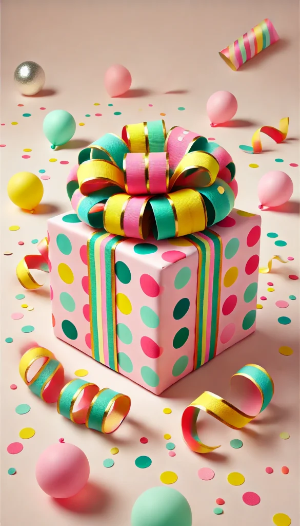 A vertical image depicting a playful and colorful gift wrapping style. The gift is a large, cube-shaped box wrapped in bright polka-dotted paper in shades of pink, yellow, and green. It's tied with a wide, multicolored ribbon that forms a voluminous bow on top. The background is light, with confetti and small balloons scattered around to add a festive and joyful atmosphere, suitable for children's birthday parties or fun celebrations.