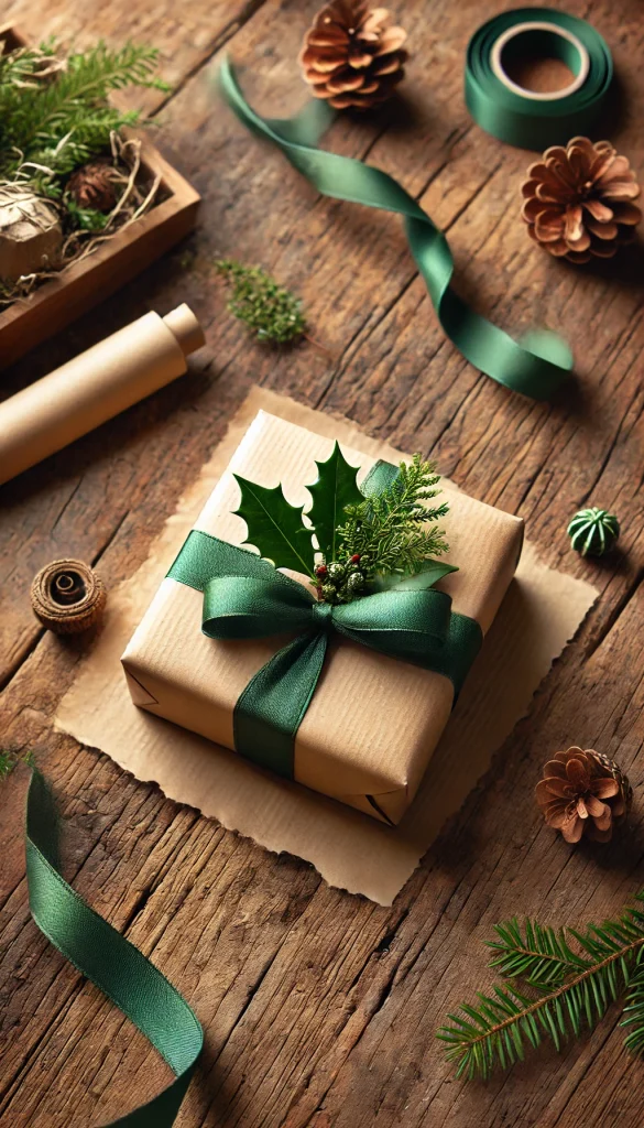 A vertical image depicting a whimsical gift wrapping style with a nature theme. The gift is a small square box wrapped in brown kraft paper, adorned with a green satin ribbon and a real sprig of holly. The background features a rustic wooden surface and scattered pine cones, creating a cozy, rustic vibe. This style is perfect for a festive or winter holiday gift presentation.