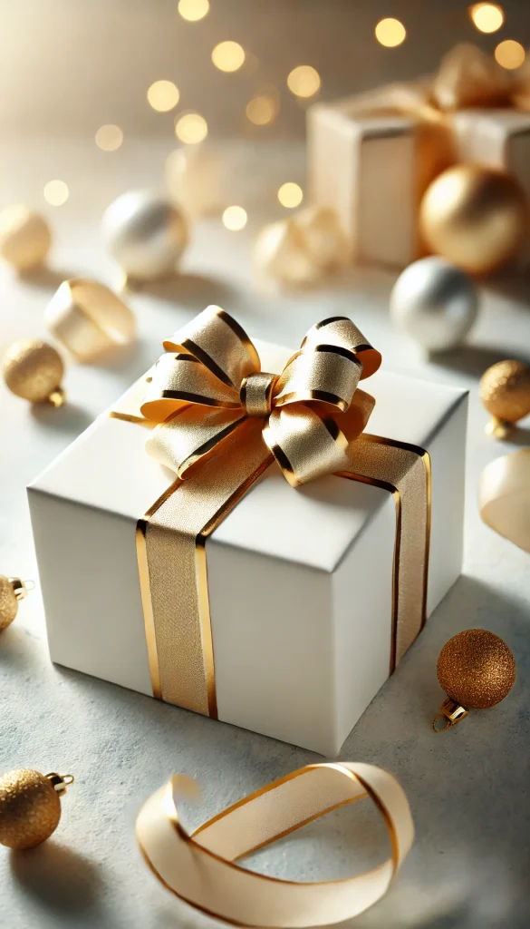 A vertical image showcasing an elegant gift wrapping idea featuring a white and gold color scheme. The gift is a medium-sized box wrapped in glossy white paper, tied with a shimmering gold ribbon in a bow on top. The background is softly blurred, with small gold and white baubles scattered around to add a festive touch. The setting is warm and inviting, ideal for a sophisticated holiday or wedding gift presentation.