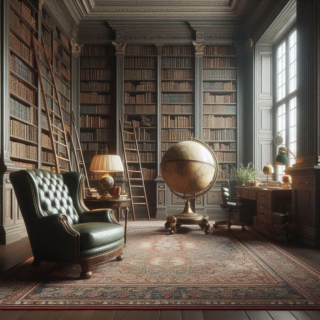 A grand, classic reading corner in a home library with tall bookshelves reaching the ceiling, a sliding ladder, antique globe, a large Persian rug, a green banker’s lamp, and a leather reading chair. The mood is scholarly and timeless, with an air of sophistication.