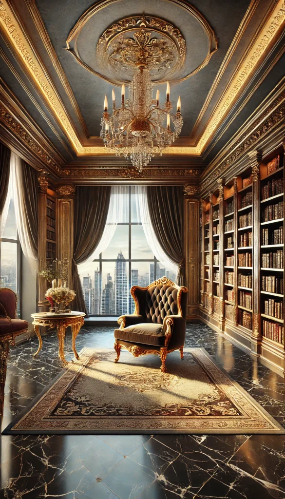 A luxurious book nook with a grand velvet armchair, gold-accented furniture, and marble floors. The nook features large windows with a view of the city skyline, while bookshelves filled with leather-bound books line the walls. A crystal chandelier hangs from the ceiling, and a rich rug covers the floor, creating an opulent reading space that combines elegance with comfort.