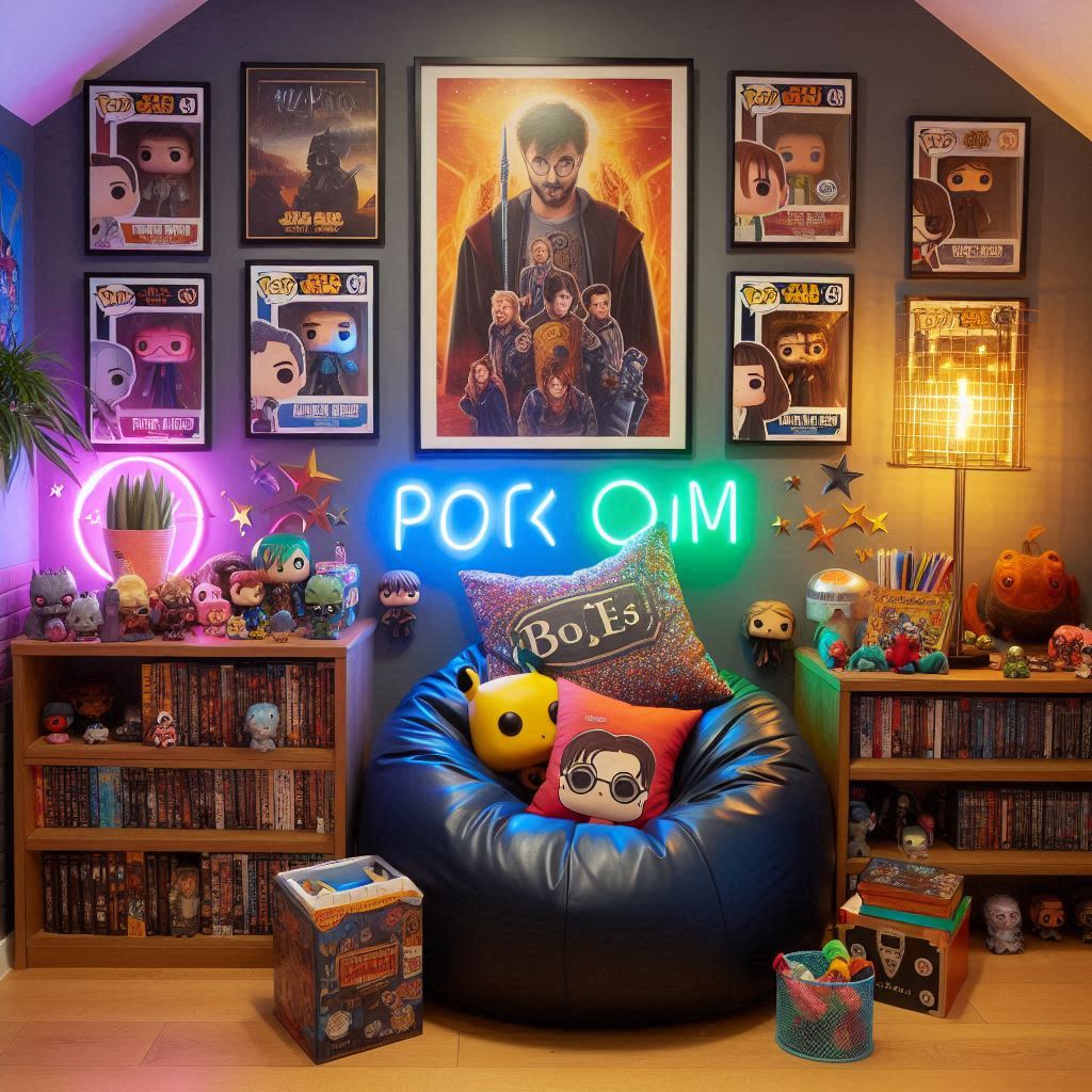 A fun and cozy reading nook decorated with pop culture posters, Funko Pops, a bean bag chair or gamer-style seat, comic books and fantasy novels, neon LED lights, and themed pillows (like Hogwarts or Star Wars). A book cart holds fandom favorites, and there's a snack station on the side.