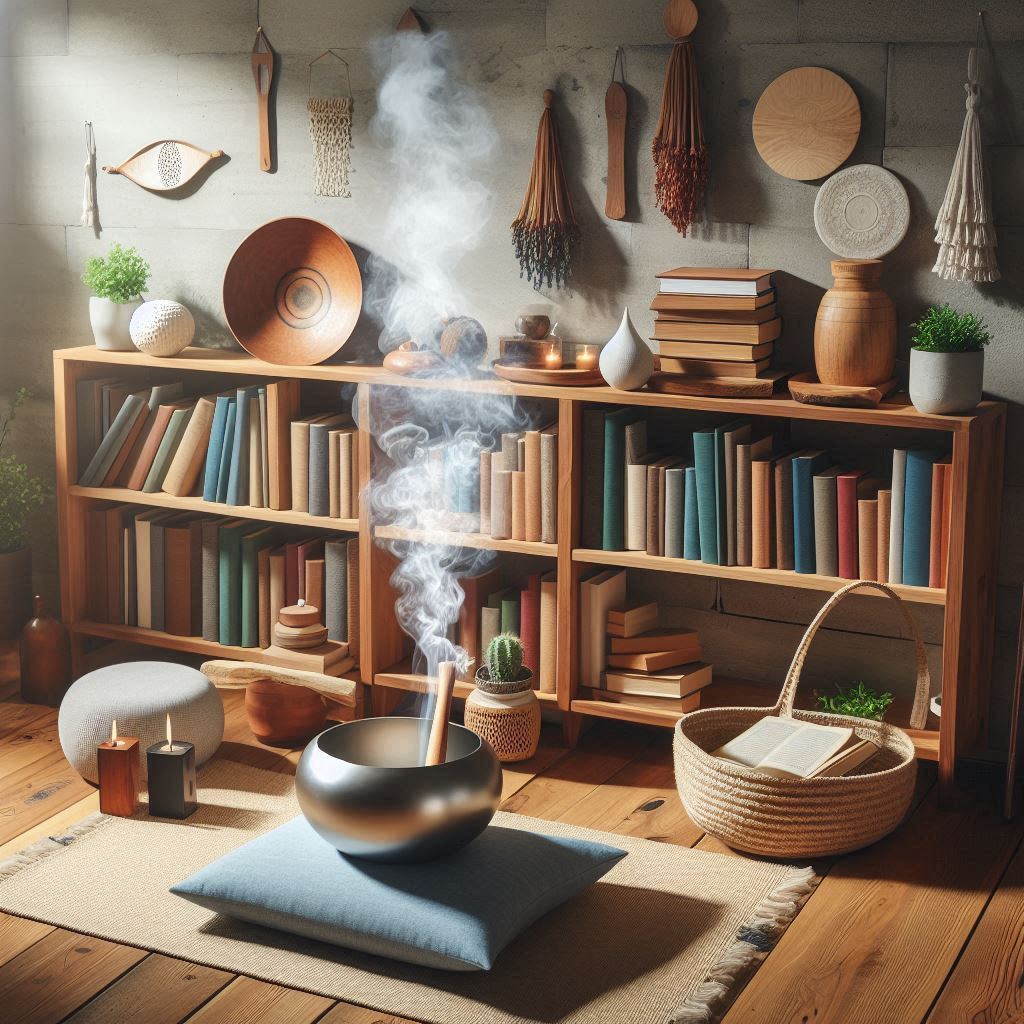 A yoga-library hybrid room with shelves of wellness books, a meditation cushion, incense smoke in the air, and a sound bowl on a wooden shelf.