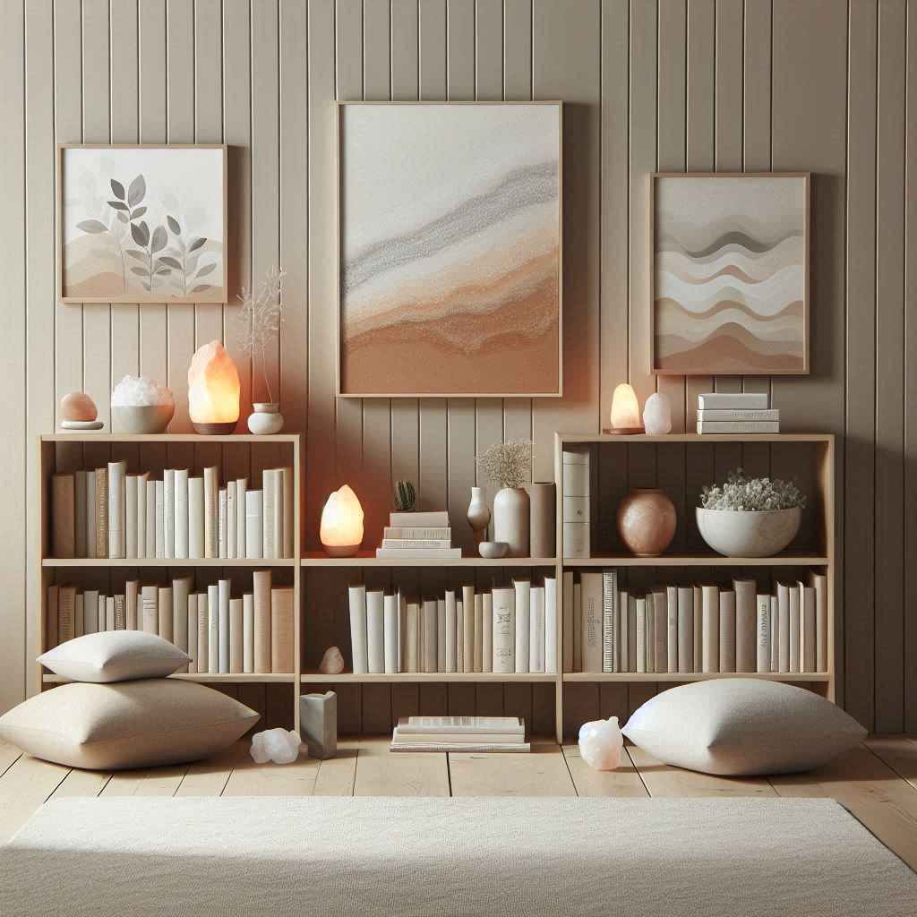A minimalist mindfulness library with neutral tones, soft floor mats, curated self-help and spiritual books, salt lamps, and calming abstract art.