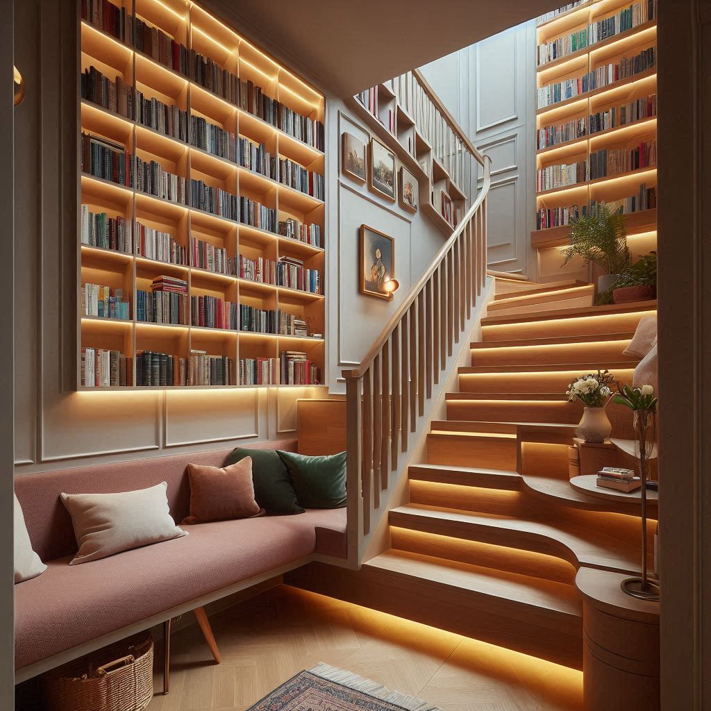 A stairwell transformed into a reading zone, with custom-built bookshelves along the staircase wall, soft stair lights, and a bench under the steps.