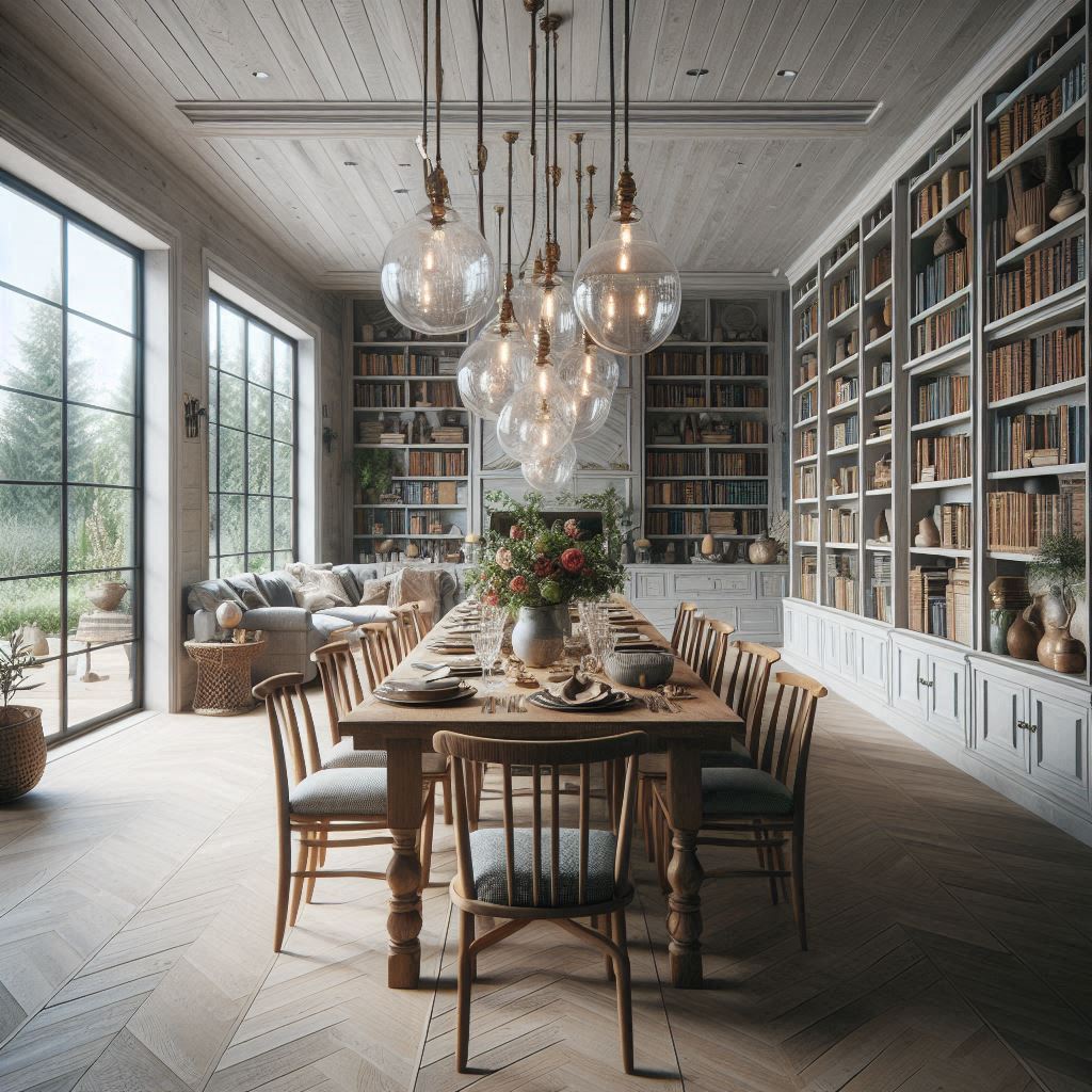 A dining room that doubles as a library, with wall-to-wall bookshelves, a long farmhouse table, vintage chairs, and pendant lighting above.