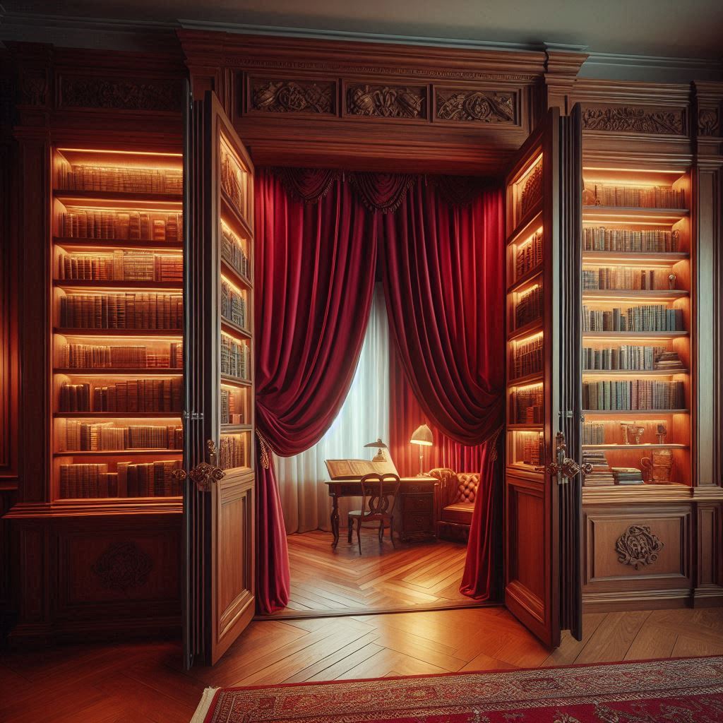 A secret library hidden behind a sliding bookcase door, revealing a cozy, dimly lit room with red velvet curtains and a secret desk.