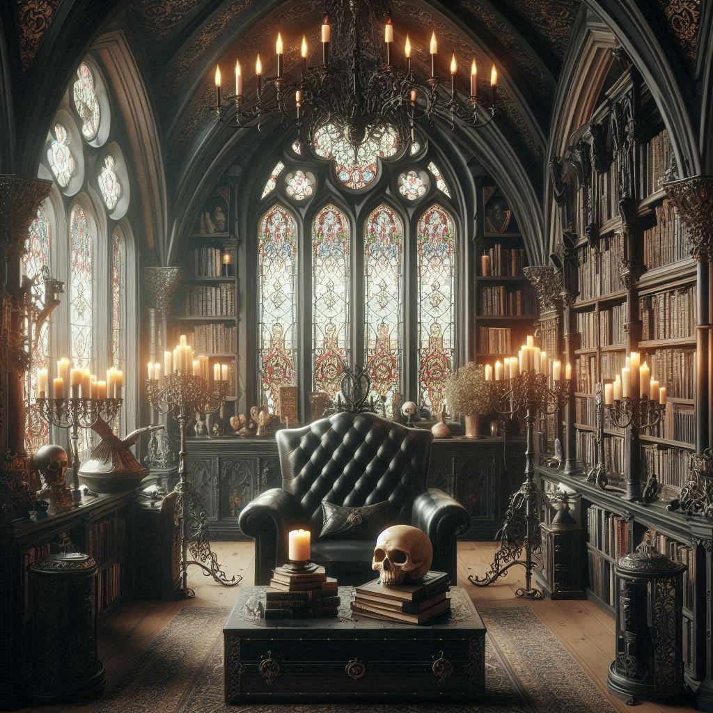 A gothic-style library with arched bookshelves, stained glass windows, black candles, antique skull decor, and wrought iron candelabras.