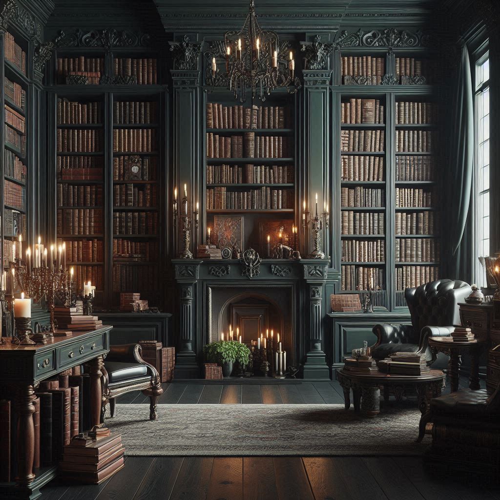 A moody, dark academia-inspired home library with floor-to-ceiling shelves, leather-bound books, candlelight, deep forest green walls, and Victorian furniture.