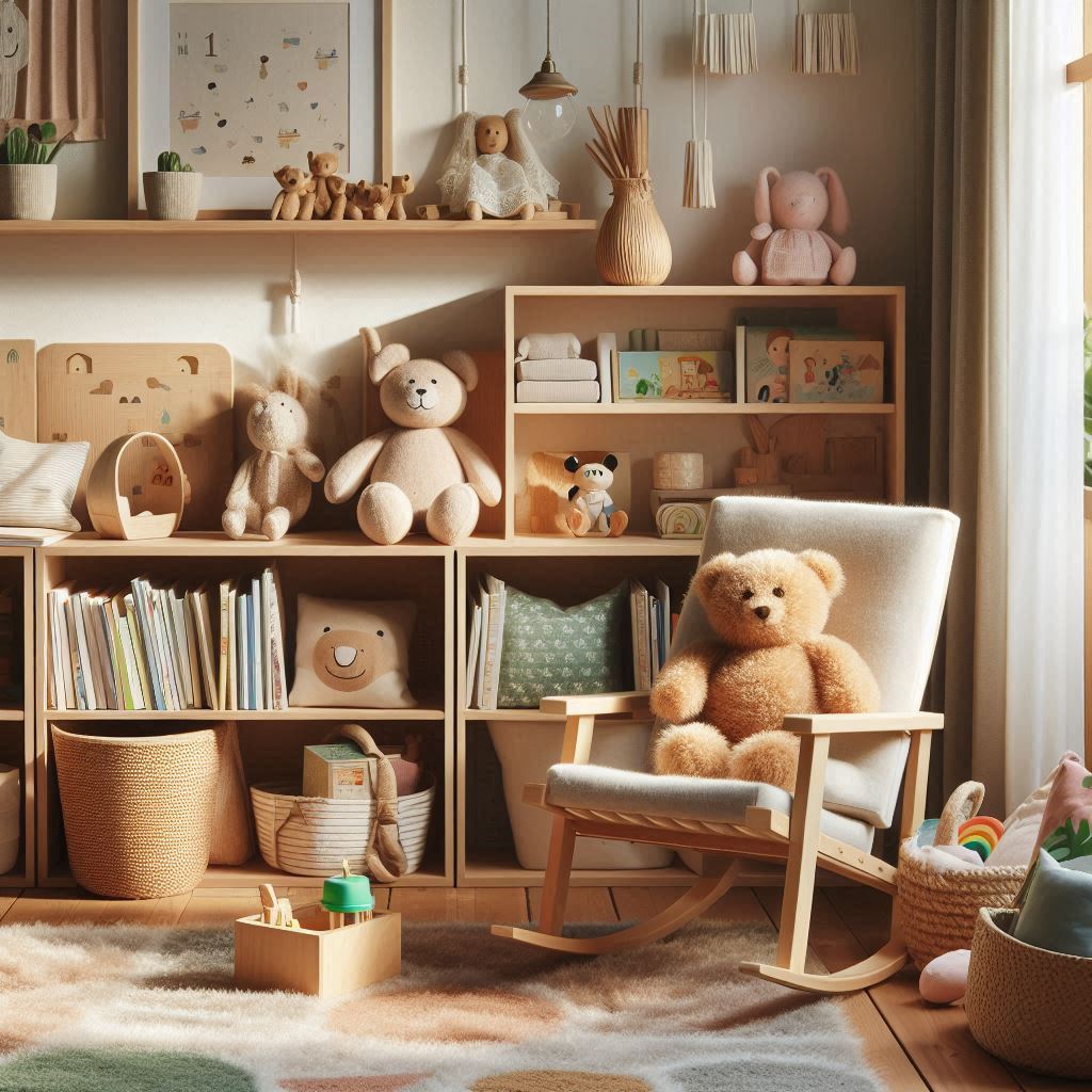 A Montessori-style toddler reading nook with soft rugs, front-facing picture book shelves, and a tiny rocking chair beside a stuffed animal.