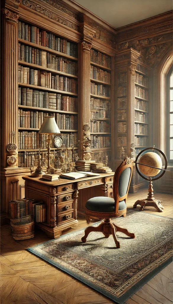 A vintage book nook inspired by a library study room, featuring an old-fashioned desk with a stack of books, a globe, and a brass lamp. The nook is surrounded by tall wooden bookshelves filled with classic literature. A cozy armchair and a plush rug complete the scene, giving the nook an antique, scholarly atmosphere perfect for quiet reading and contemplation.