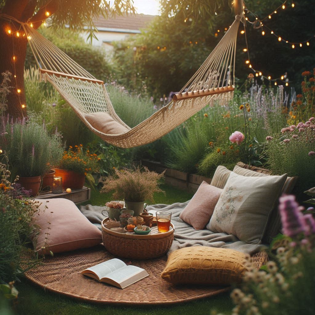 An outdoor garden reading nook with a hammock or rattan daybed, surrounded by flowering plants and tall grass, soft outdoor cushions, a tray with herbal tea and snacks, fairy lights strung through nearby trees, and a book open to the breeze. The vibe is serene, natural, and totally unplugged.