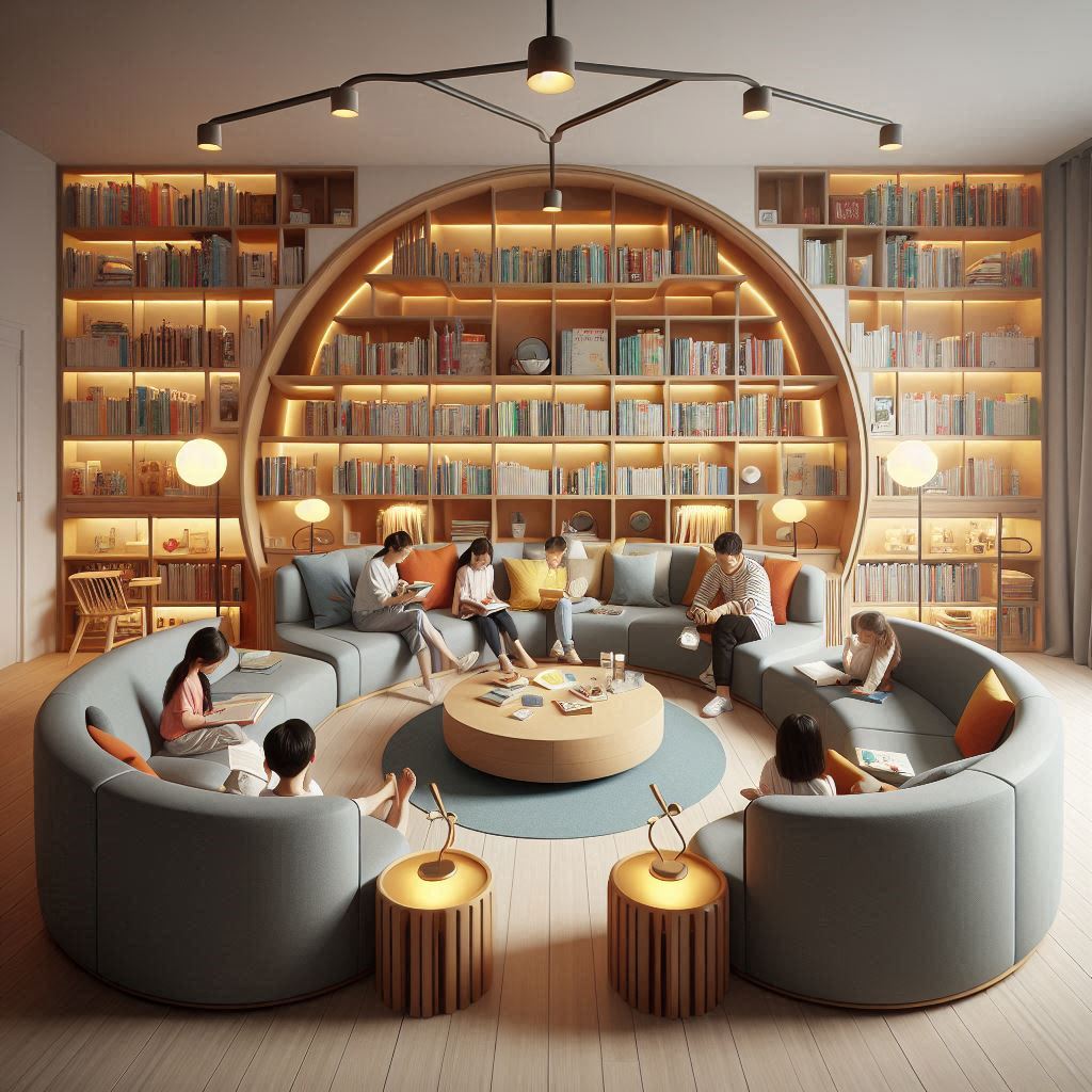 A shared family reading room with a mix of adult and children’s books, modular seating, reading lights for each person, and a central round bookshelf.