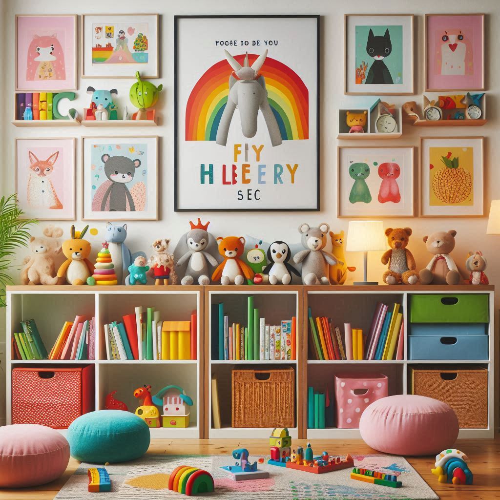 A colorful and playful home library for kids with low bookshelves, rainbow-colored cushions, animal-shaped bookends, and storybook posters on the wall.