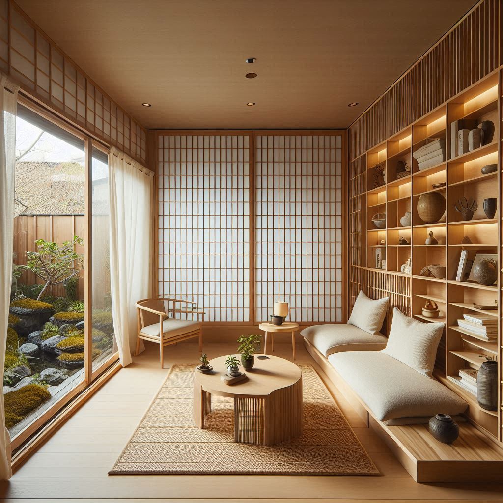 A Japanese-inspired reading corner with sliding shoji screens, low seating, bamboo shelves, and a zen garden visible outside.