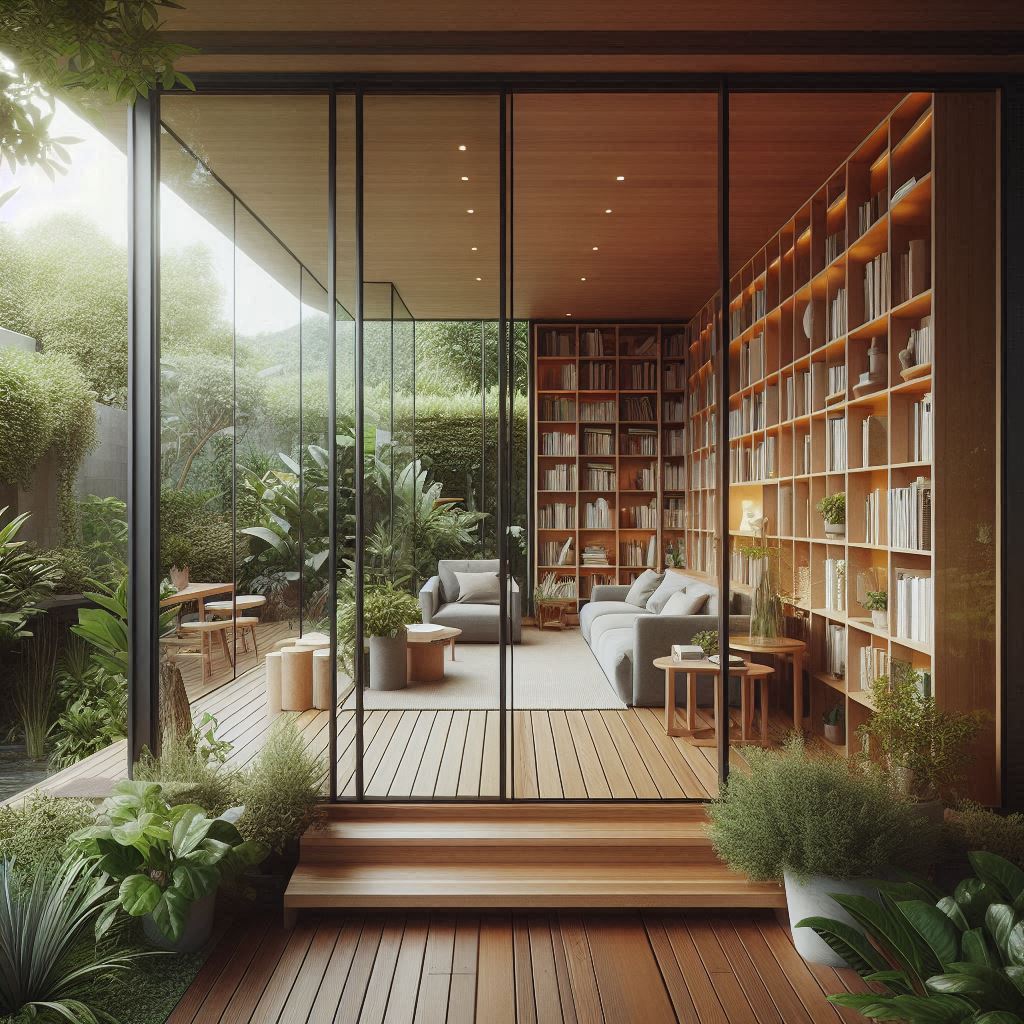 A serene indoor-outdoor home library with glass walls that open onto a wooden deck, with bookshelves lining the indoor walls and plants surrounding the space.