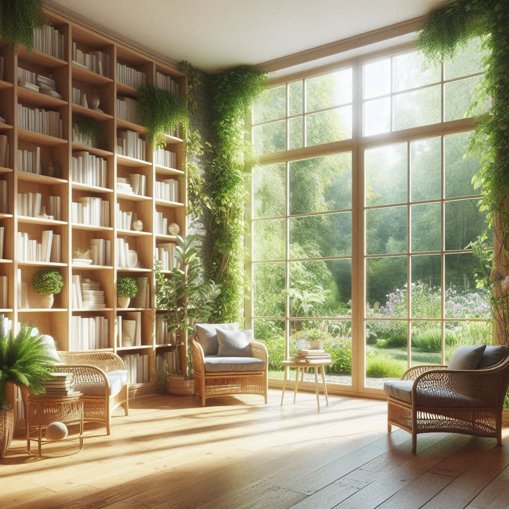 A sun-drenched reading room with floor-to-ceiling windows, overlooking a lush garden, with light wood bookshelves, wicker furniture, and vines creeping gently around the window frames.