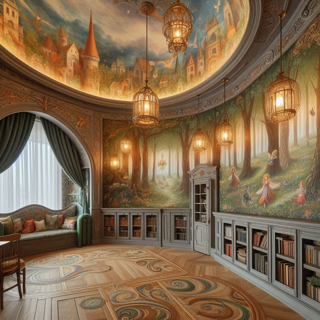 A fairytale library with curved walls, whimsical wallpaper, enchanted forest murals, and vintage lanterns hanging from the ceiling.