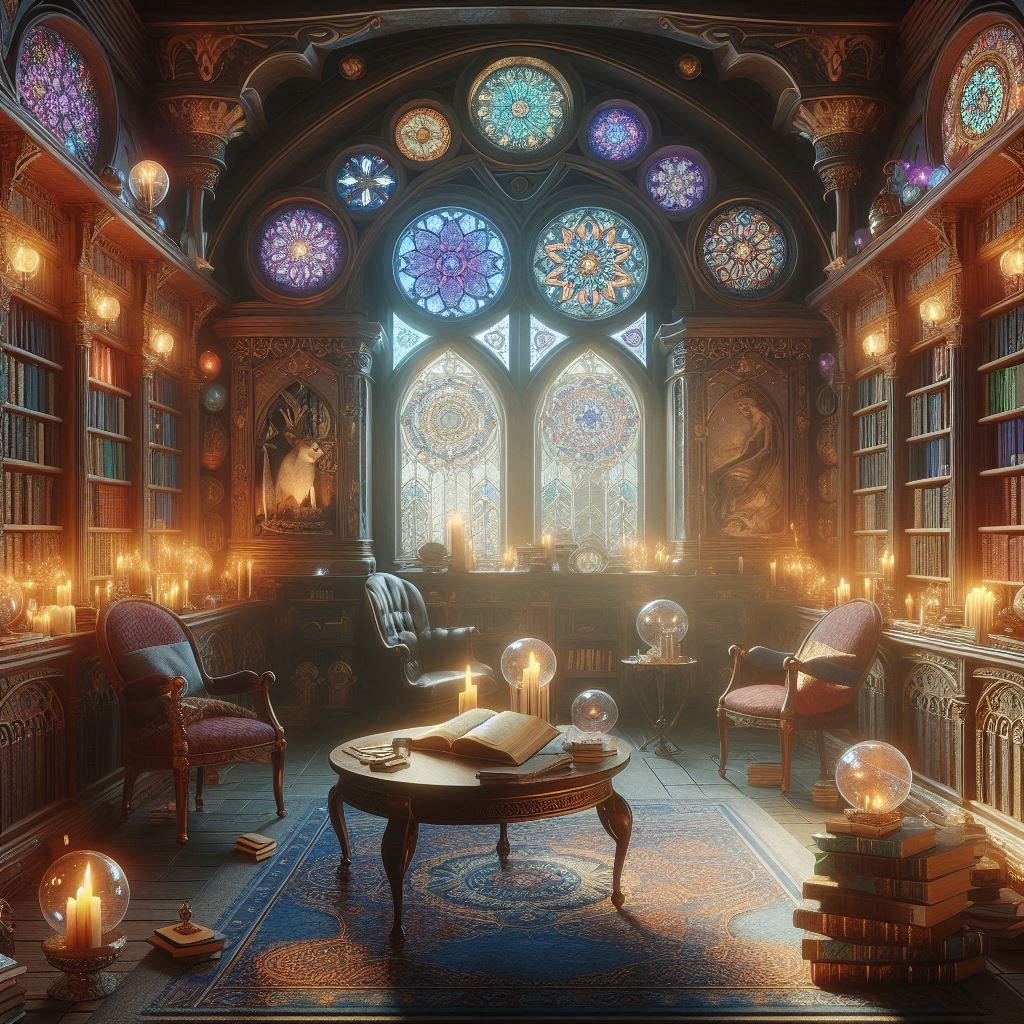 A fantasy-inspired reading room with enchanted-looking bookshelves, glowing orbs, stained glass windows, and magical artifacts between the books.