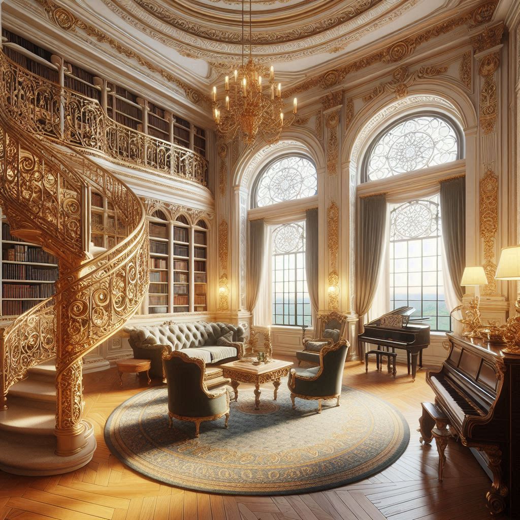 A grand library room with spiral staircase, arched windows, gold-accented furniture, and a piano in the corner.