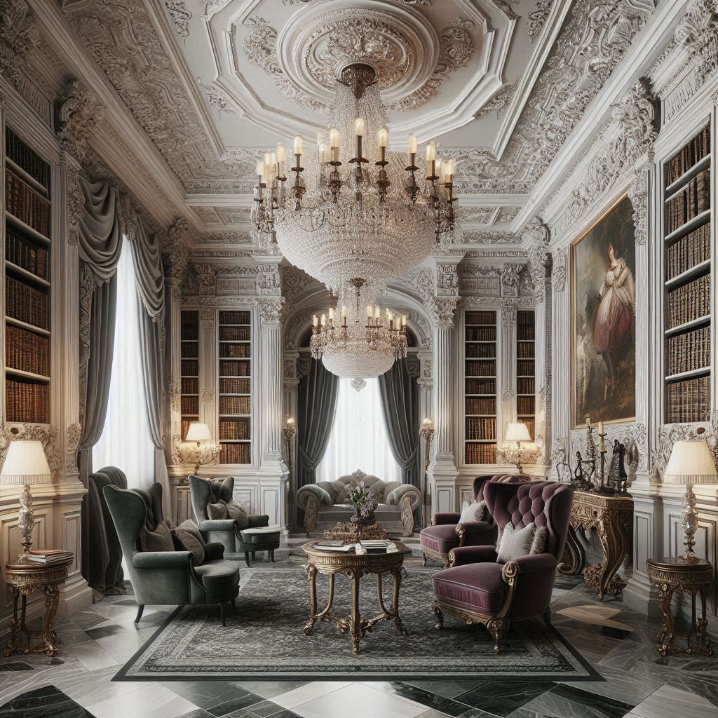 A luxurious home library with ornate moldings, a crystal chandelier, velvet armchairs, marble floors, and antique first-edition books.