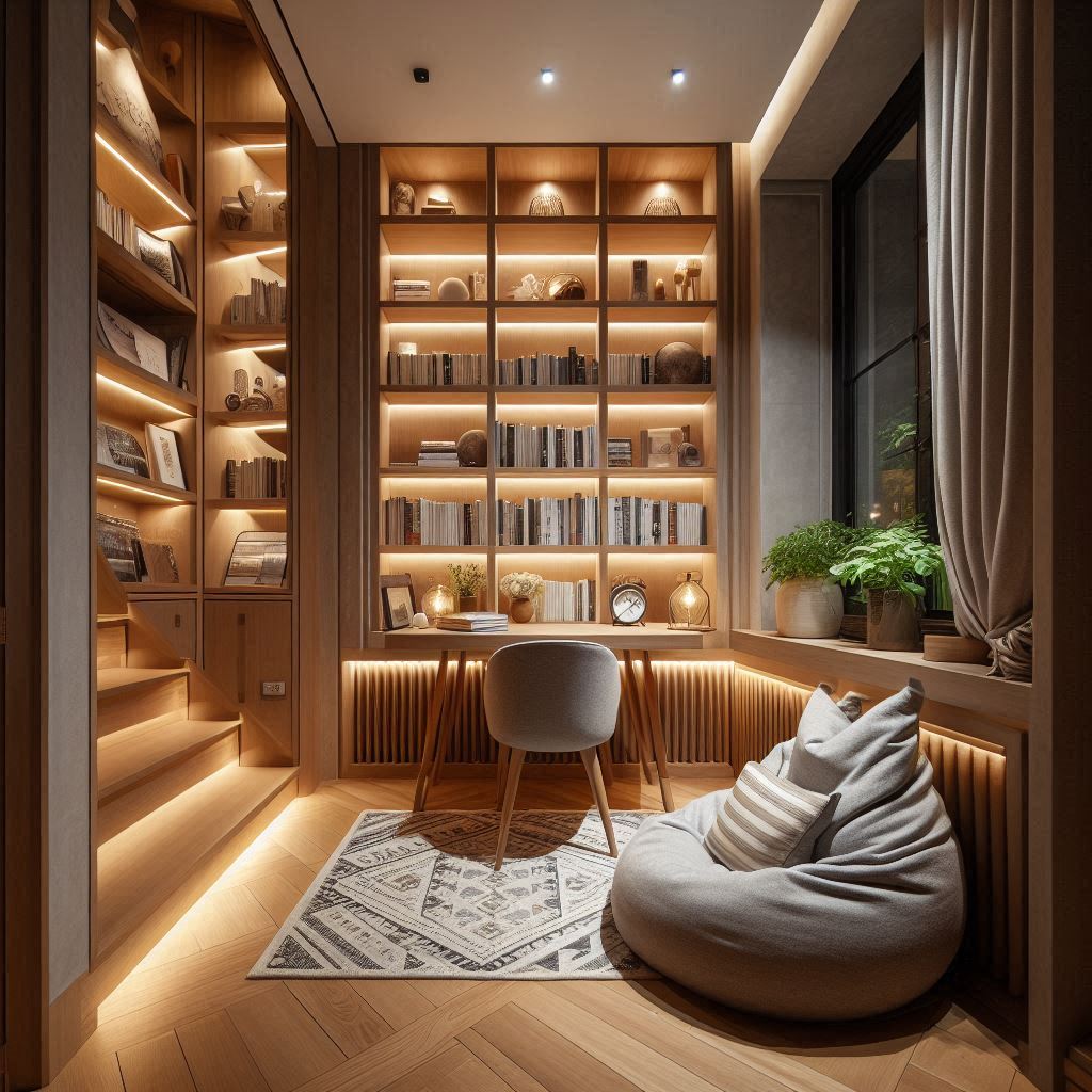 A corner library under the stairs, with custom-built shelves, soft lighting, and a bean bag reading spot.