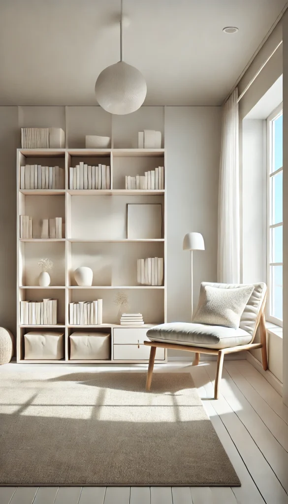 A minimalist Scandinavian-inspired book nook with sleek white furniture, light wood shelves, and soft, neutral-toned decor. A comfy lounge chair sits next to a large window, where natural light pours in. The space is clean, bright, and airy, featuring simple yet elegant design elements, creating a peaceful and uncluttered reading nook.