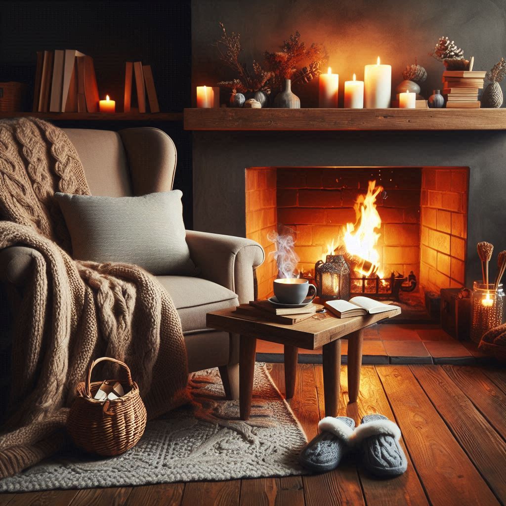 A warm and inviting reading nook by a crackling fireplace, with a large overstuffed armchair, a chunky knit blanket, a wooden coffee table stacked with books, and slippers nearby. A hot drink sits beside a candle, and the flicker of the fire casts a soft, golden glow throughout the space.
