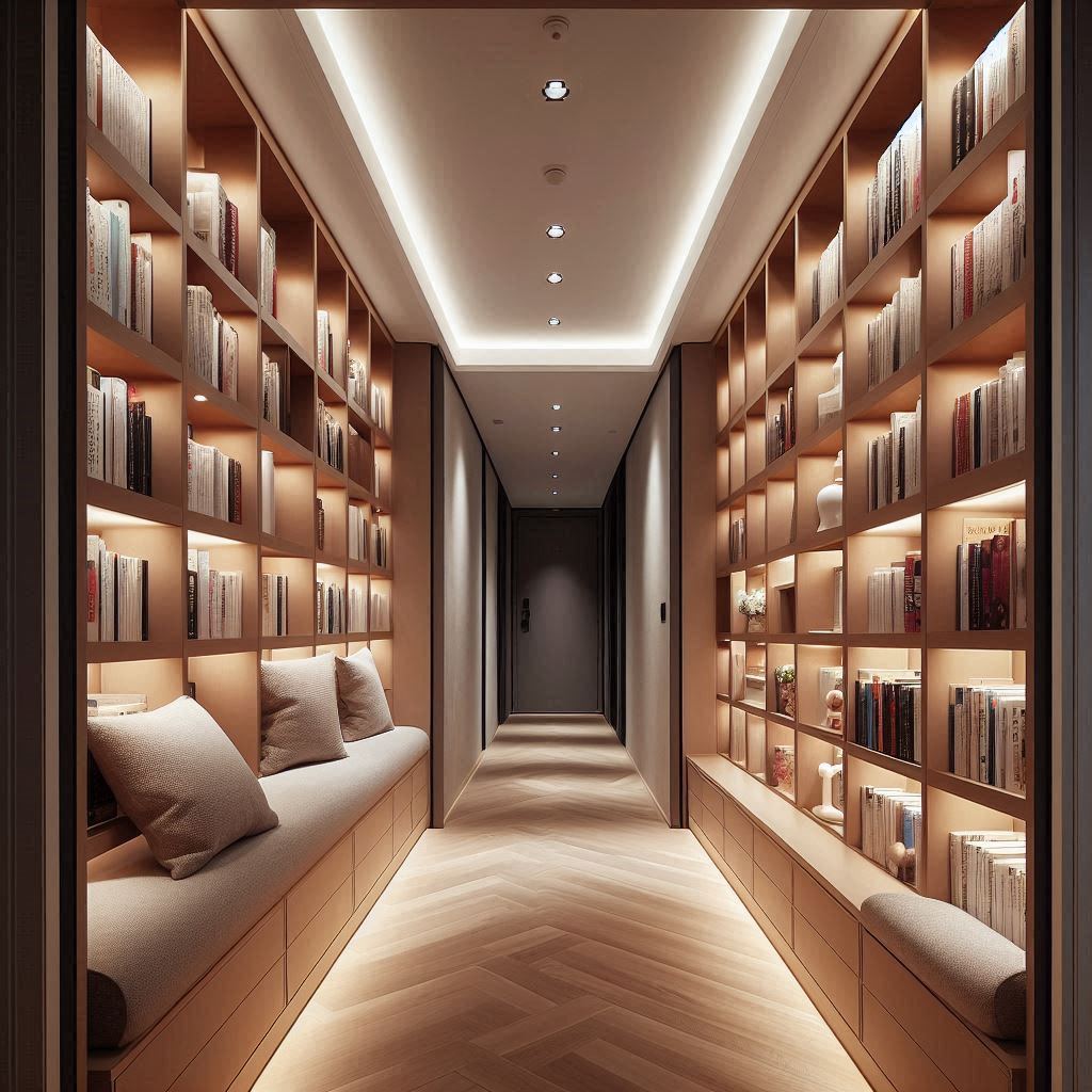 A hallway turned into a mini library with floor-to-ceiling shelves on both sides, recessed lighting, and a bench with soft cushions.