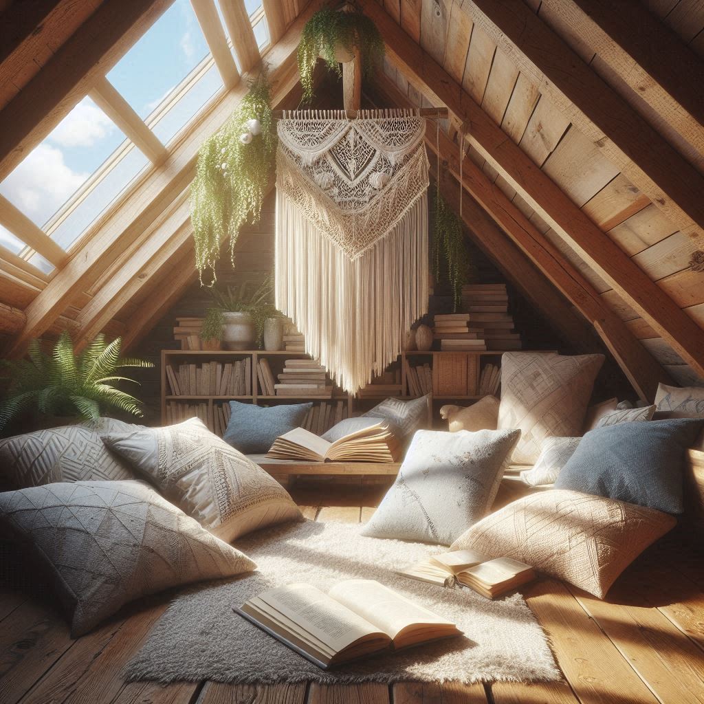 A dreamy attic library with sloped wooden ceiling beams, oversized floor pillows, macramé wall hangings, and a skylight streaming sunlight onto an open book.