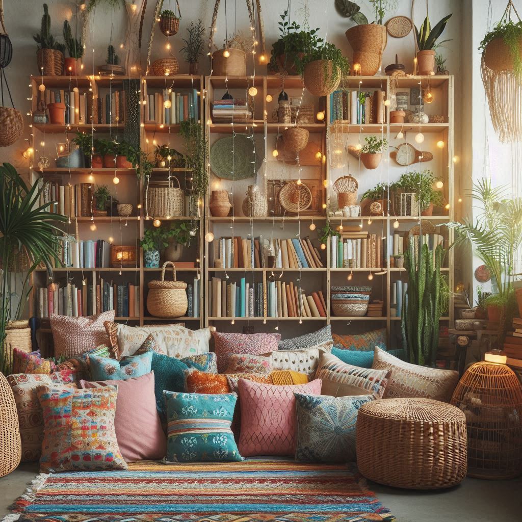 A bohemian-style home library with colorful mismatched pillows, hanging plants, rattan furniture, fairy lights, and books stacked both vertically and horizontally.