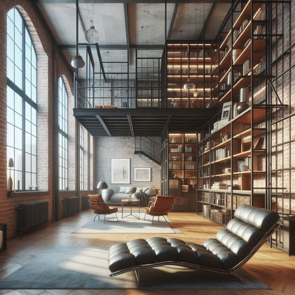An airy loft-style library with industrial metal bookshelves, exposed brick walls, large windows with natural light, and a modern chaise lounge.