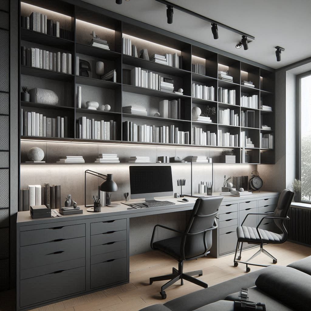 A modern home office with built-in floating shelves, matte black fixtures, recessed lighting, and monochrome book covers arranged aesthetically.
