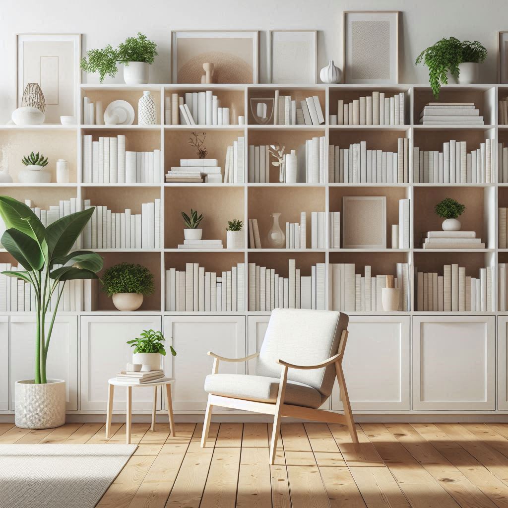 A Scandinavian-inspired minimalist home library with white shelves, neutral tones, light wood flooring, a sleek reading chair, and houseplants placed between books.