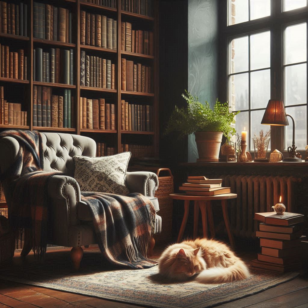 A cozy reading nook by the window, surrounded by bookshelves, with a comfy tufted armchair, plaid blanket, and a sleeping cat.