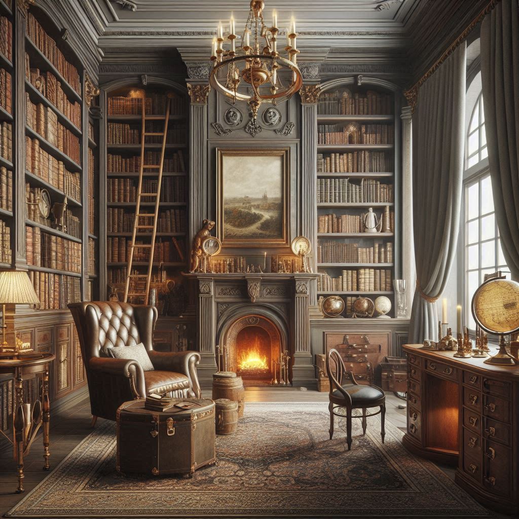 An old-English style study with tall bookshelves reaching the ceiling, a rolling ladder, globe bar cart, heavy curtains, and a crackling fireplace.
